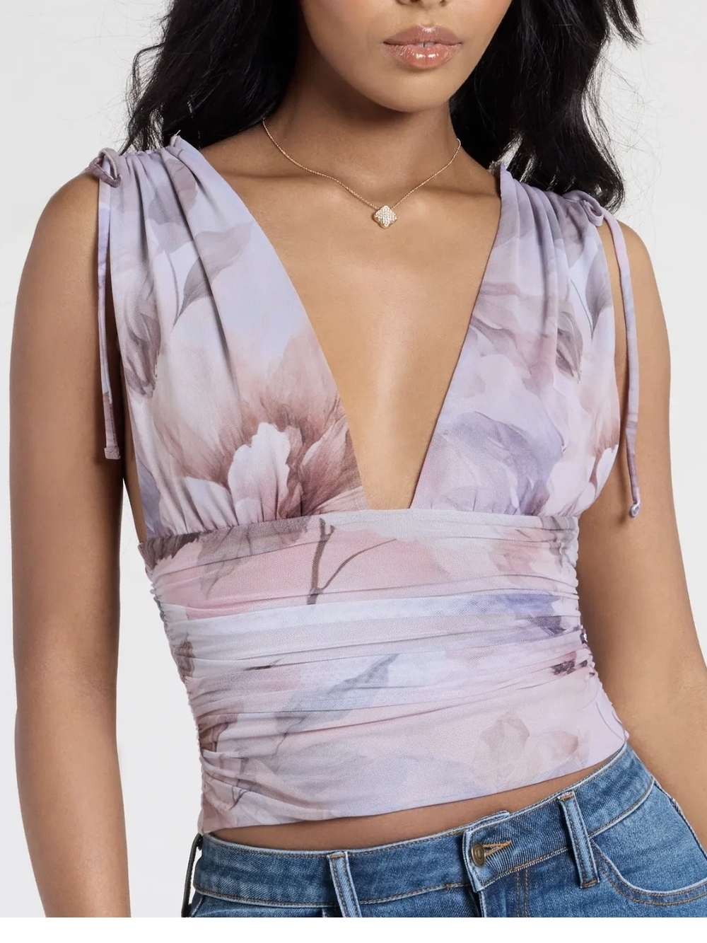 WINDSOR Taking The Plunge Floral Mesh Crop Top